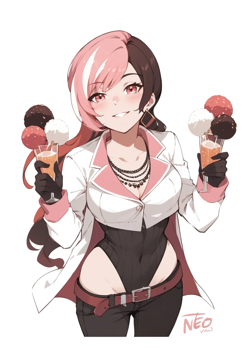 masterpiece, (detailed, highres, best quality), 1girl,  <lora:sprwbyNeopolitan-27:1> neopolitandef, necklace, white jacket, leotard, black gloves, black pants, belt, argyle, candy, clock, cup, dotted line, doughnut, envelope, fish skeleton, food, fork, fruit, full body, grey background, heart, heart pillow, ice cream, key, lollipop, pill, pillow, saucer, simple background, spoon, star (symbol), strawberry, swirl lollipop, syringe, teacup, hands on own cheeks, hands on own face, parted lips, solo