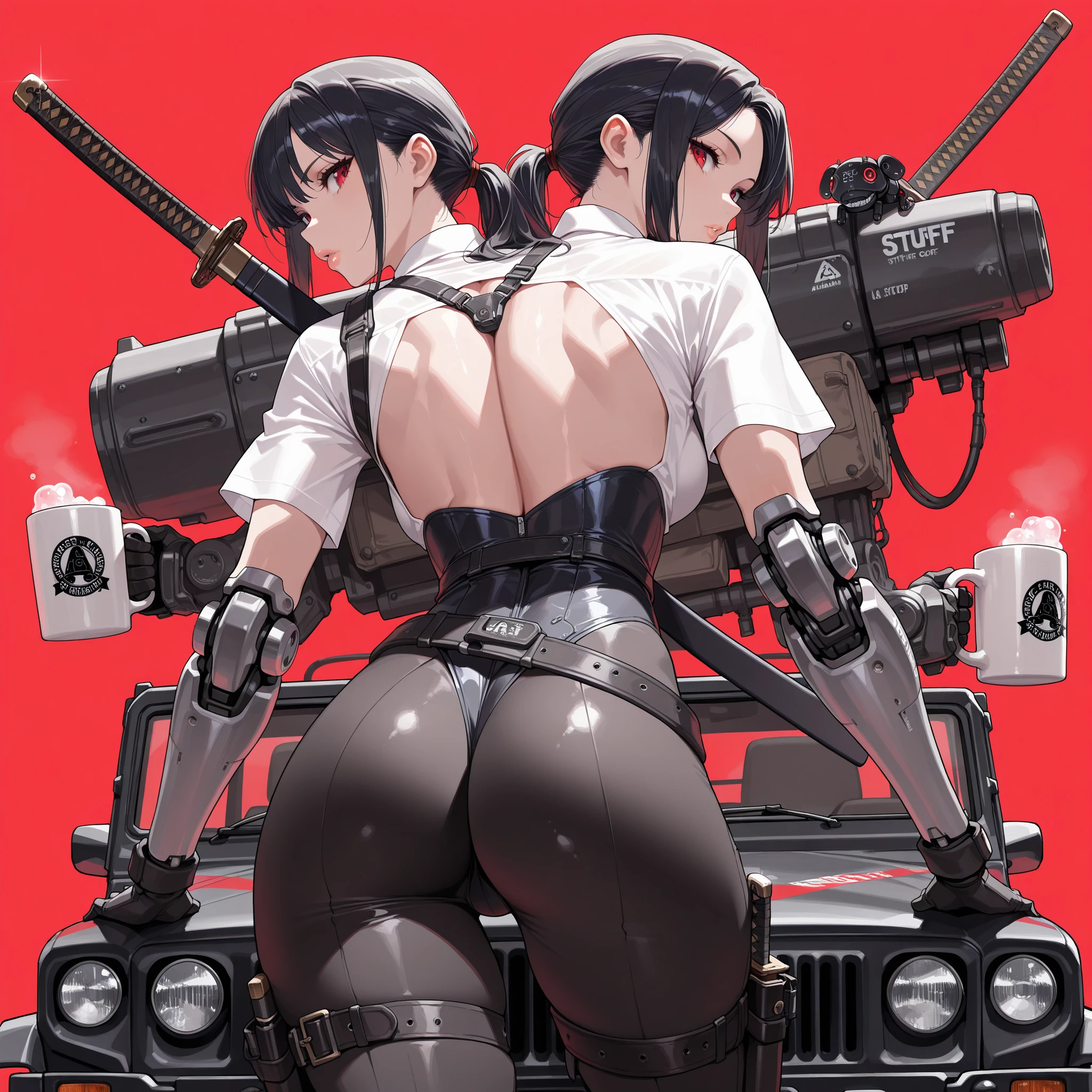 (((Woman))), (((best qualityer))), (((​masterpiece))), (((Gynoid))), (((1 girl))), (((metal skin))), (((standing backwards)), (((1 girl))), (((perfect ass))), A futuristic gynoid game girl with high-tech exoskeleton and complex appearance, 18 year old woman with perfect body, clean  face, ((( tight clothes in metallic red colors ))), (((look with red and white checkered print ))), Quase nova no estilo selvagem urbano de Hajime sorayama para a capa da revista Heavy Metal, Spectacular futuristic graphics, Minimal clothing, (((metallic black body))), (((from the knee up))), ((( short hair cuts ))), a spaceport in the background, (((self-contrast of the character with the background))), Two-tone lighting, film grain, Cyber world, Acrylic Comix, sorayama