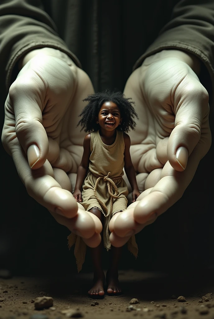 I wanted a poster for a theater like this: the poster will only show the hand to the middle of the arm of a mother and the hand to the middle of the arm of a male child trying to touch the mother's finger. The skin color is black and in the background there is the setting of a simple and very humble room.