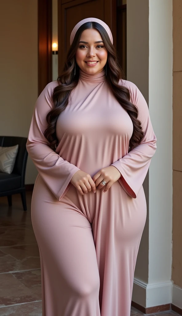  south Indian beautiful woman sexy curvy plus size model wearing different random color skin tight Bollywood Blush Banarasi Dress, eye contact camera view, different style standing position, curvy plus size big hour glass bulky huge figure, big m-cup bulky huge breasts, different style hairstyle, bright eyes, thin eyebrows, fair skin, blushing cheeks, prefect head to thigh close up view, Fashin show background and location, Dreamcatcher Delight Embroidery, ultra realistic skin texture, head to thigh close up view, smile face, shadow lighting effect, hijab,ass