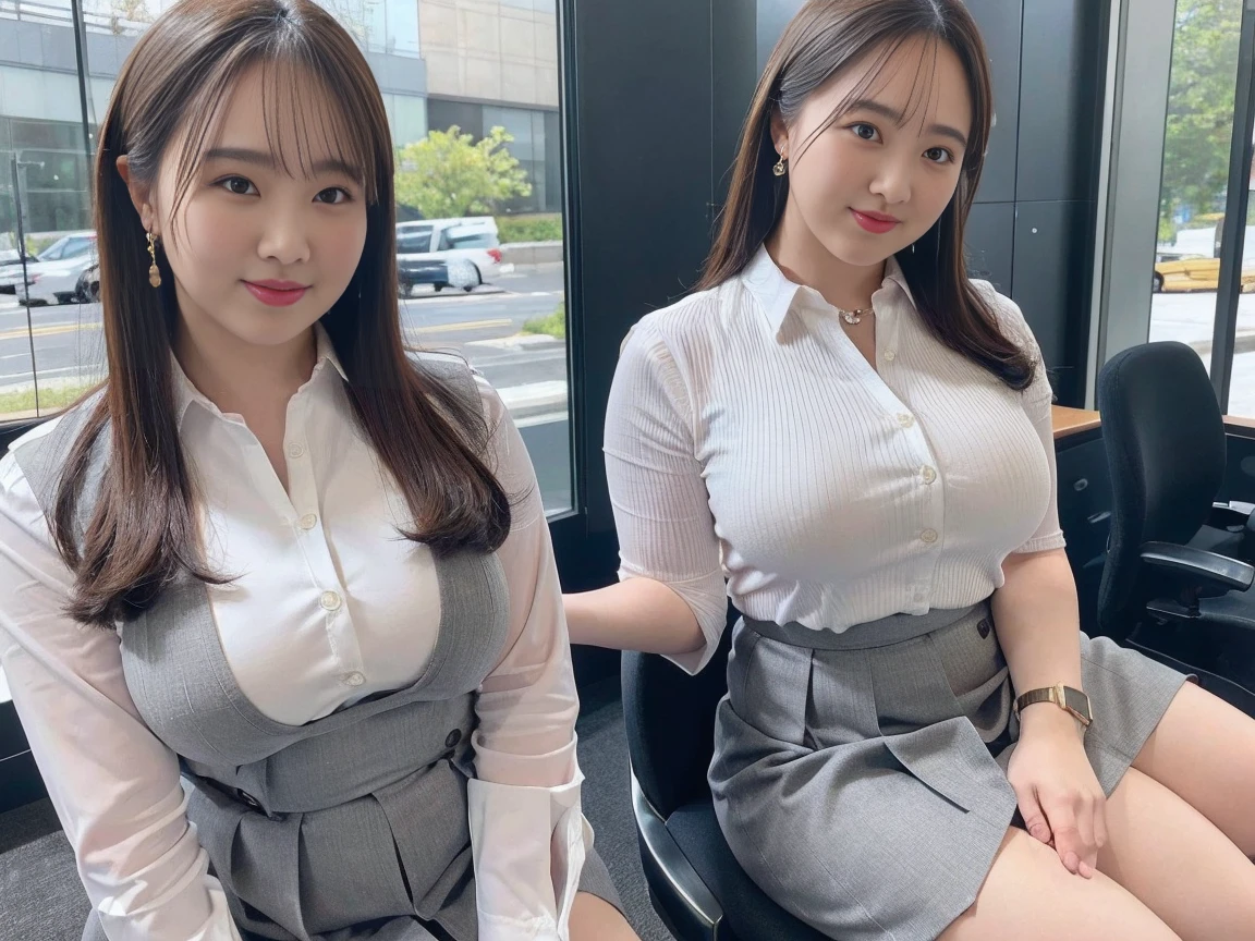 ((Highest quality, 8k, Masterpiece Details, Ultra-high resolution)), (Looking at the audience), (Full Shot:), Attractive Business 5-people Mature Women, 5-people, Slender:0.25, A white, sleeveless, see-through, tight shirt with buttons on the collar and chest., Grey tight skirt, (sitting at a desk in an office), smile, CEO's Office,Big Breasts、Erect nipples