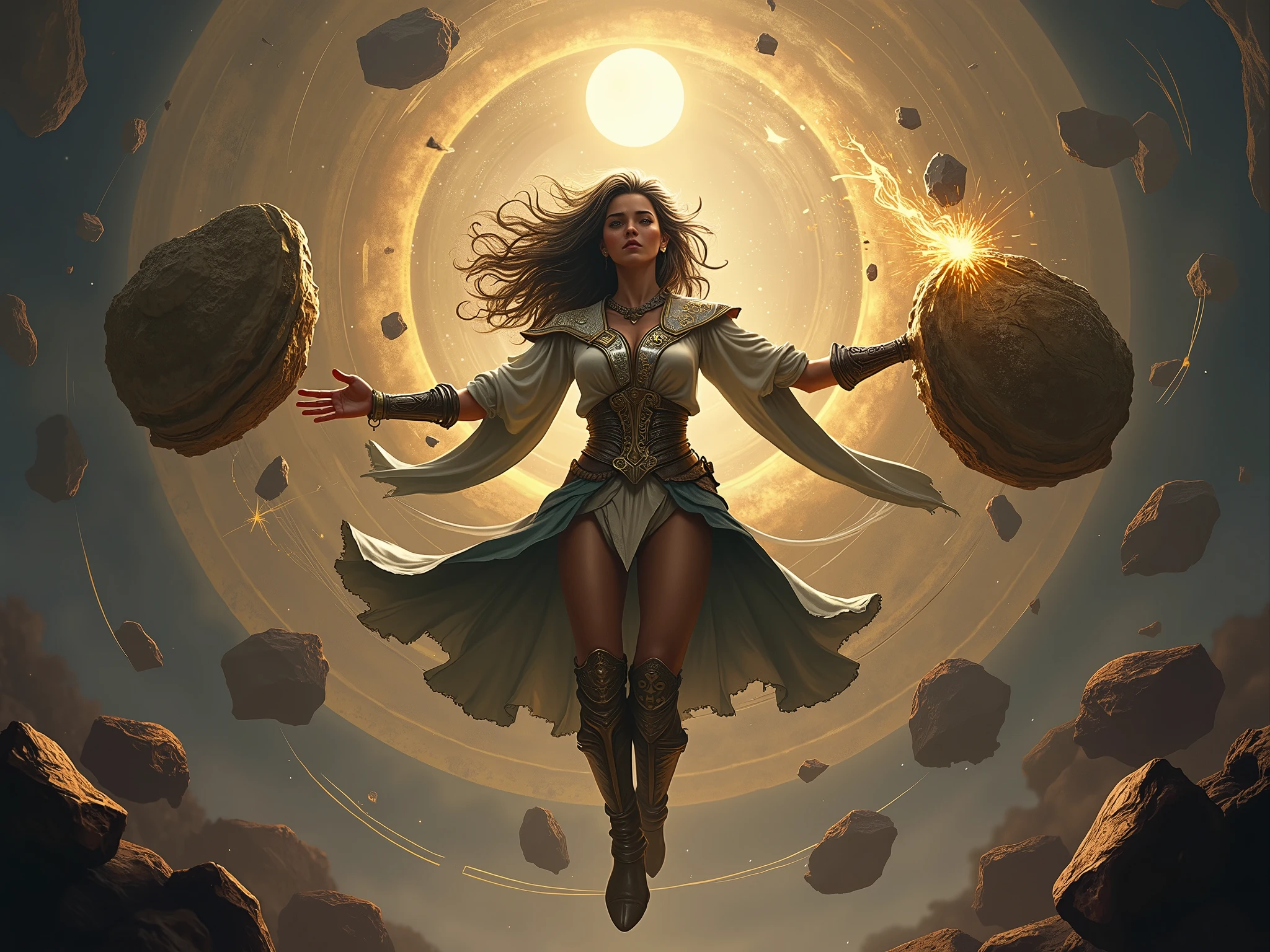 a brunette mage, flying and making stones float while conjuring a large magical shield field of mana, she is an earth mage, very powerful, protecting her tribe, ((FULL BODY)), 8k, high quality, illustration