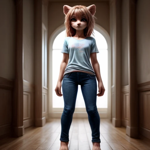 Small slim female toy kitten with nice big thighs and wearing a black outfit and cute green eyes and wearing a blue short t-shirt and short denim shorts, full body and with good detail and scale 1 : 64 is a toy and has life.