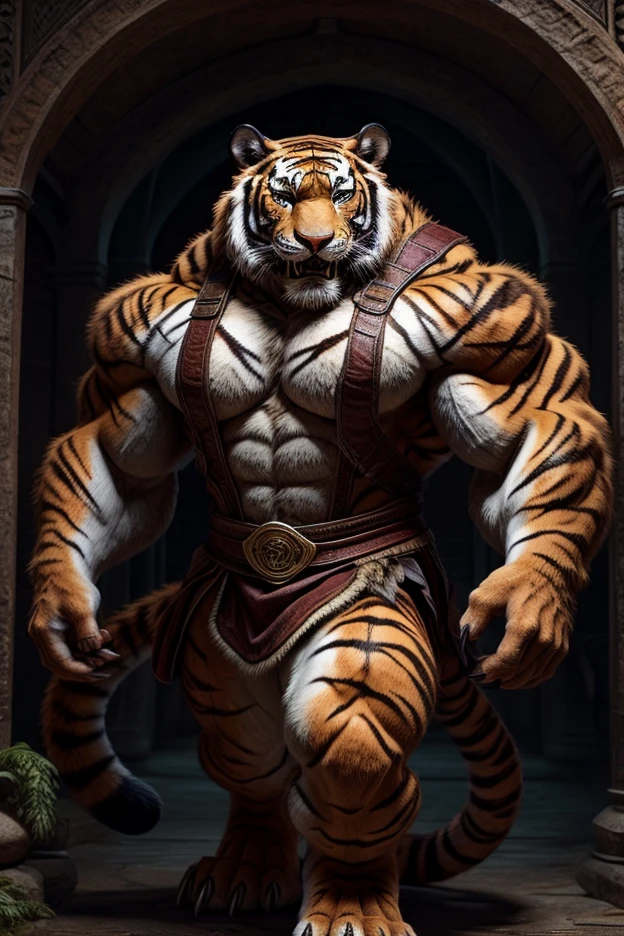 Muscle, masculino, (White tiger head: 1.0), peludo, traje de combate medieval, vestido como um guerreiro parado em um penhasco com natureza, clouds in the sky, foto, realismo, cgi, (pose de luta: 1.2), tekken, brilho nos olhos , cintura larga, cabelo cinza, (baki:1.2), dentes, (vapor:1.0), alto detalhe, castelo, obra-prima, (HDR)(papel de parede)(film lighting)(foco nítido), obra-prima, melhor qualidade, (papel de parede 8k da unidade CG extremamente detalhado), (melhor qualidade)