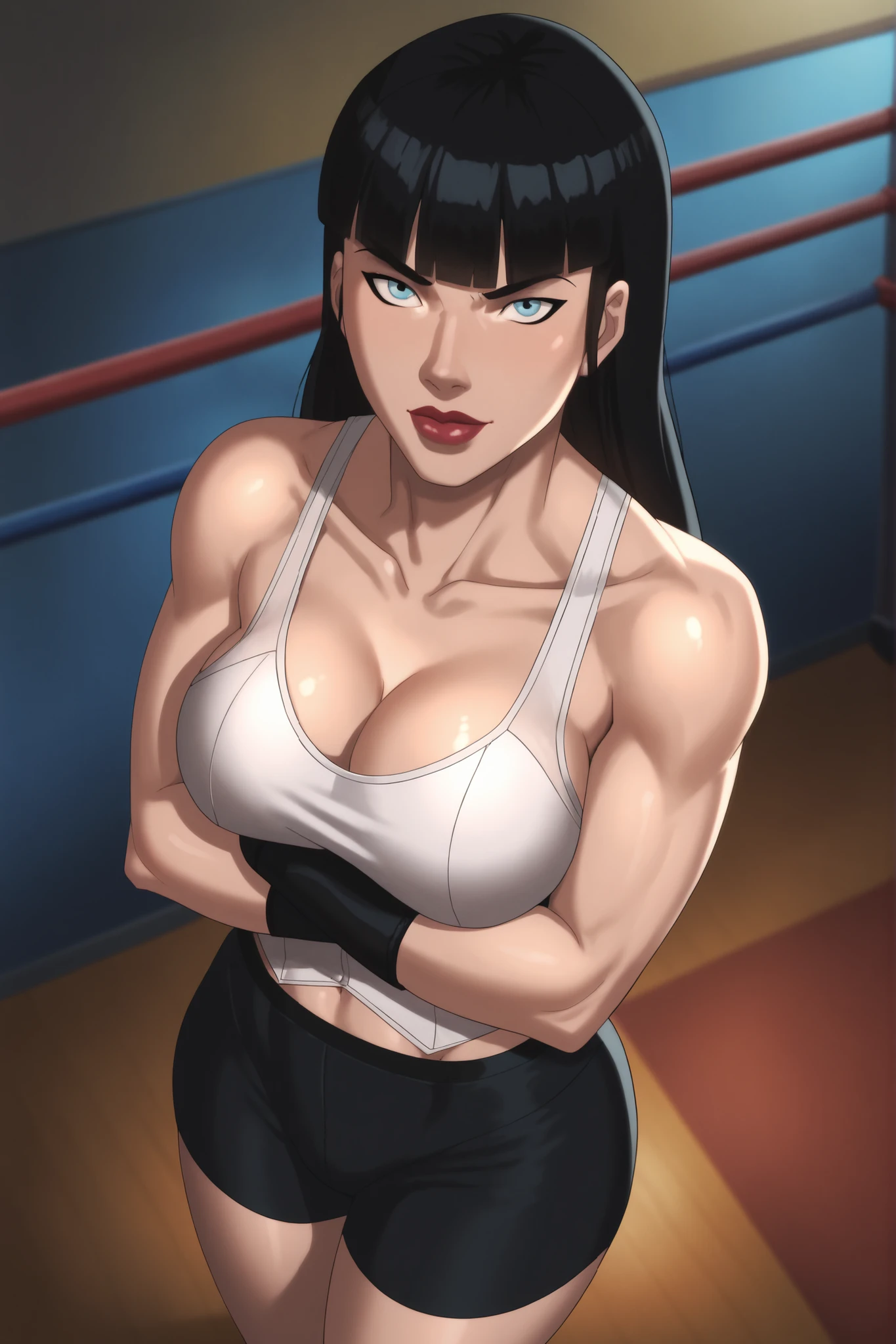 BREAK, score_8_up, score_7_up, score_6_up, score_9, zatannadark, 1girl, solo, black hair, long hair, large breasts, blue eyes, cleavage, blunt bangs, curvy, athletic, lipstick, makeup, looking at viewer, smiling, closed mouth, determined expression, bedroom eyes, white racerback sports bra, black boxing shorts, standing, arms crossed, crossed arms, boxing ring, indoors, closeup, portrait, facing forward, high-angle view 