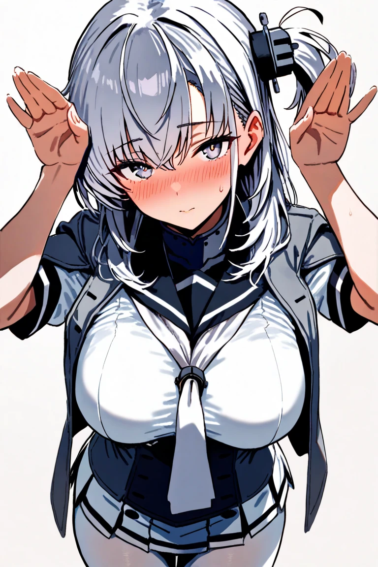 score_9, score_8_up, solo, source_anime ,BREAK,blunt bangs,ponytail,Yellow Eyes,Gray Hair,gigantic Big Breasts,Droopy eyes,((1girl)),White background,Areola,shiny ski,,ハイレグ,黒いストッキング,レオタード,むちむちの太もも,Shower time