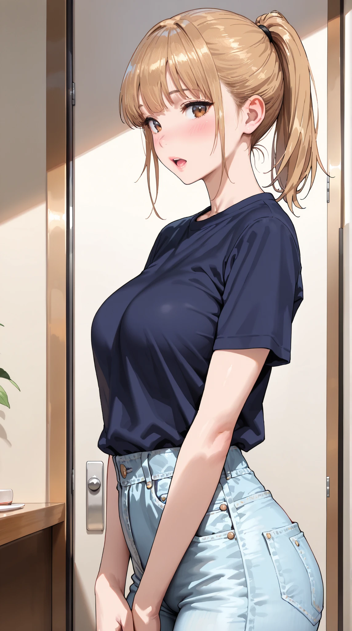 *Japanese prompts:**
Detailed image of a woman standing in a contemporary indoor setting。She is leaning slightly towards the viewer。This woman is full of confidence、It is attractively depicted、It emphasizes the voluptuous figure。She has shoulder-length, wavy, chestnut-colored hair tied in a loose ponytail.、There are some hairs hanging down around the face。Her eyes