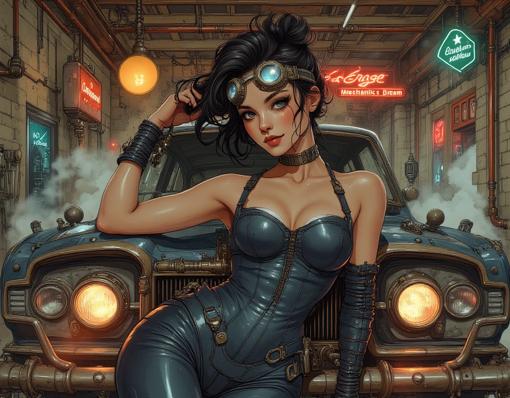 Ultra-realistic CG K ,((premium、8k、32k、Masterpiece、NFFSW:1.3)), (superfine illustration)、(súper high resolution), (((adult body))), (Masterpiece, Best Quality:1.2), ((Masterpiece, of the highest quality, Maximum image quality, high resolution, photorealistic, photo and gross, 8k)), Aerial view of a motel with a car parked in front of it., with neon signs, A woman waiting for a guest in front of a motel., seduction, short dress and high heels, Route 6 6, neon signs, 1 9 5 0 s turismo americano, some have neon signs, Neon lights outside, neon advertisements, gigantic neon signs, neon shops, Lt. Arnie Swekel, few neon signs, neon signs in background,