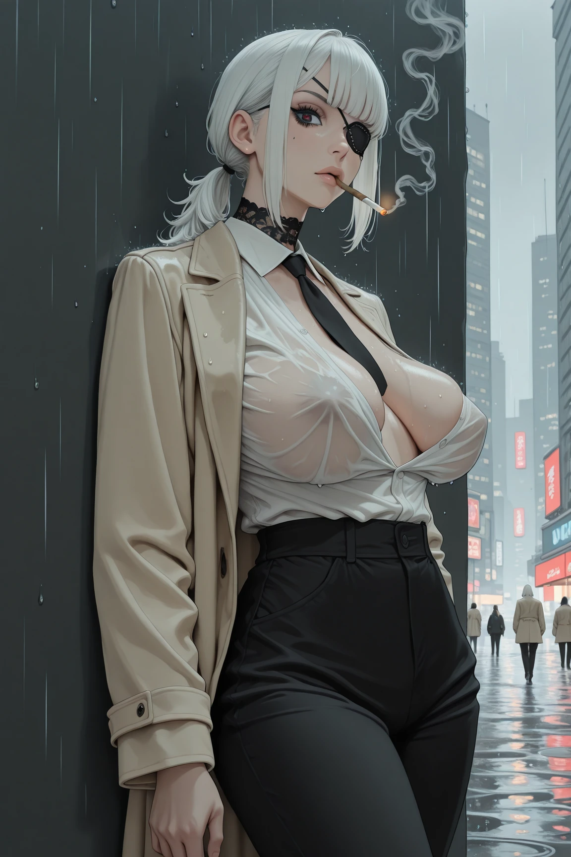 (masterpiece:1.2, best quality:1.1, highres,absurdres, high quality),(photorealistic:1.1),reflected light, colorful,ultra-detailed, ultra hd, super detailed,
meimeibd1, hair over one eye, turtleneck dress, braided ponytail, red lips, white hair, large breasts, long hair,black eyes,curvy, wide hips,plump,(nipple cutout,nipples), street,night,neon lights, rain,dark theme, nipple piercing,
<lora:LowRA:0.3> <lora:MeiMeiBD1:0.8> <lora:nipple cutout by Goofy Ai:0.6>