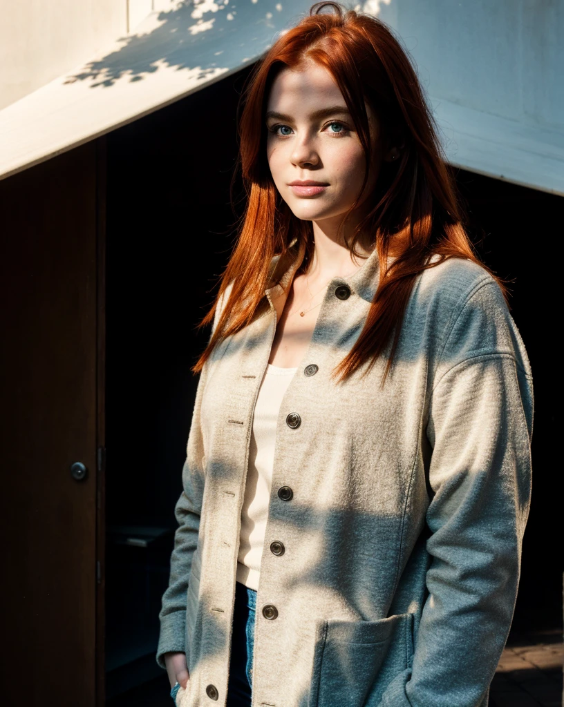 DSLR, vivid colors, interesting composition, fine detail, professional lighting, natural skin. Stunning erotic (wide angle : 0.4) candid photo of ( sexy : 0.4 ) Icelandic short 20-year old (woman:0.5) Faith with thick ( :1.0 ) (freckled:0.5) copper brown hair with bright yellow highlights, robust face with dimples posing in deep twilight, in dilapidated dungeon of abandoned mansion next to faded erotic bronze sculpture , wearing (discreetly patterned:0.5) pale turquoise rolled sleeved gardigan and matching high-waist cargo pants