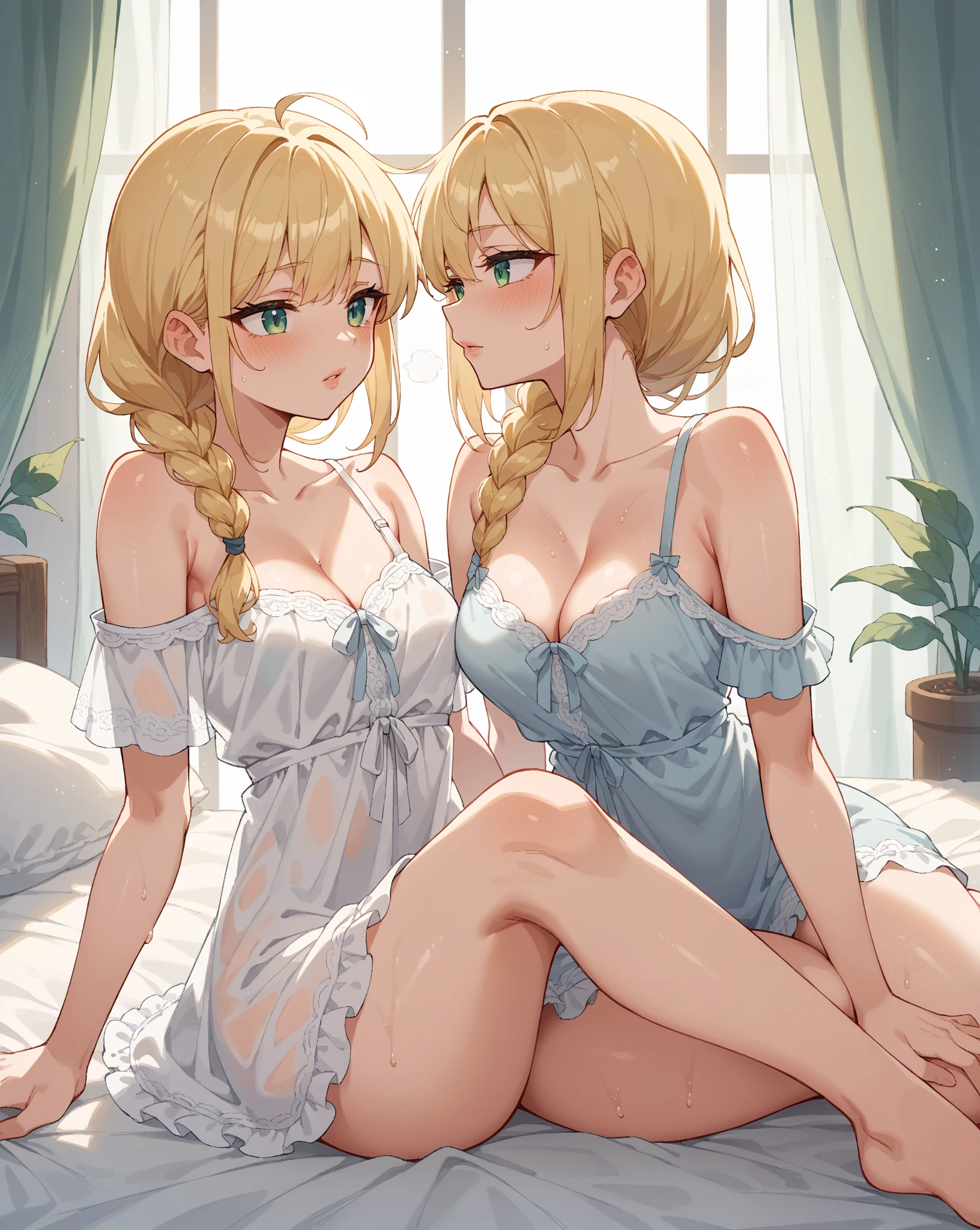(Tabletop, highest quality, High resolution, , Perfect Pixel, 4k,), 1 girl, single, alone, Beautiful woman、I could see the whole body、 ((blonde, side ponytail)), ((Green Eyes, Beautiful eyelashes, Realistic eyes)), ((Detailed face, blush:1.2)), ((Smooth texture:0.75, Realistic texture:0.65, Realistic:1.1, Anime CG Style)), Medium breast, Dynamic Angle, Perfect body, ((, Beige off-the-shoulder sweater、Tight denim skirt、Black Stockings、Cute Necklace、Earrings、)), Upper grades、A shy smile、Luxury hotel room、Lie on your back in bed、((Leg spread))、Angle from below、Cross your arms to highlight your cleavage、、((Pink lace panties are visible))、