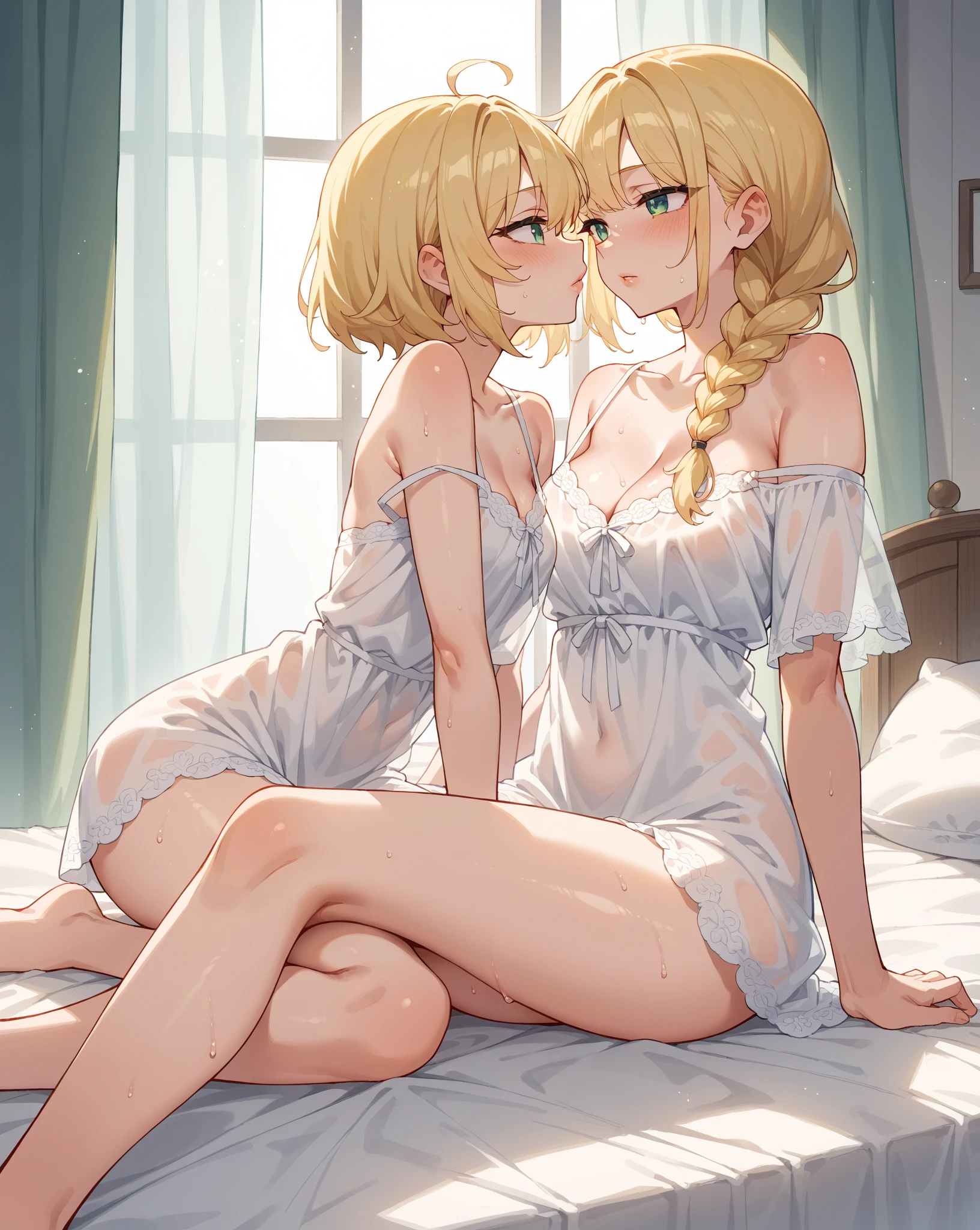 masterpiece, best quality, nsfw,
2girl, kiss,
white lingerie, yellow hair, embarrassed face,
bedroom, late night