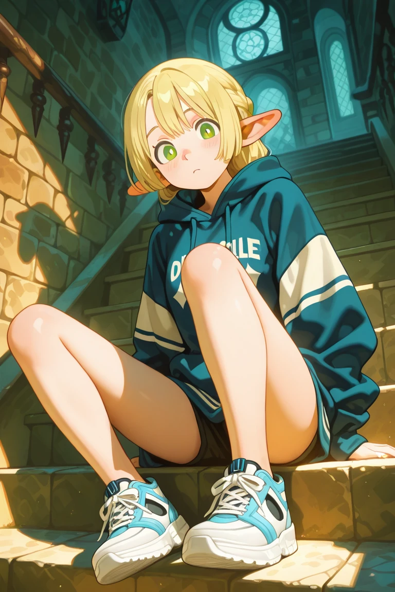 1girl,solo,
in Slum street,
squatting,
<lora:JOKER_V10:1>,JOKER,blonde hair, blown jacket,intake bungs, green eyes,pointy ears, short hair,expressionless,