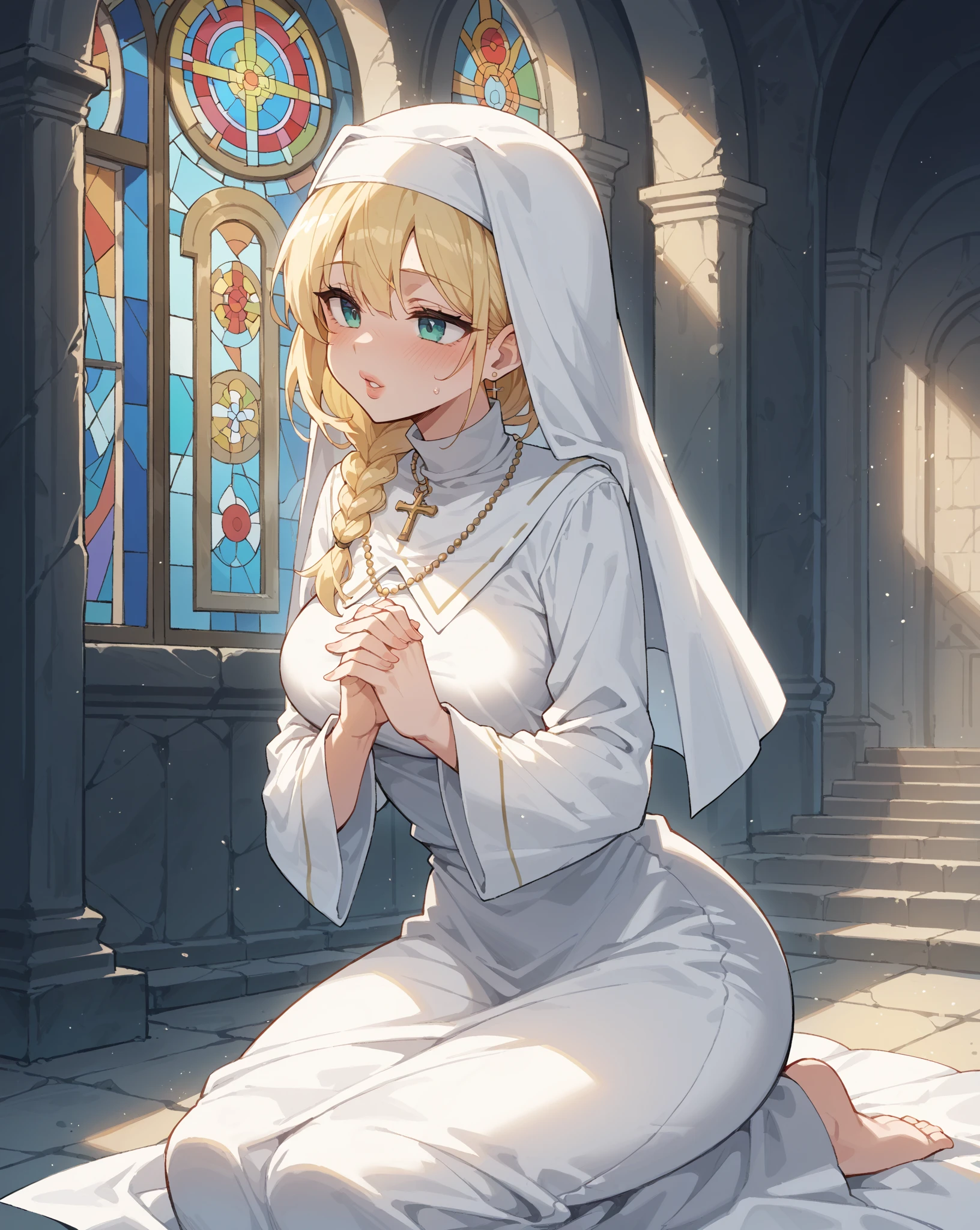 <lyco:Takamuran-NAI-LyCORIS:0.9>
1girl, standing, wearing white robe, gold trim, eyes closed, praying, indoors