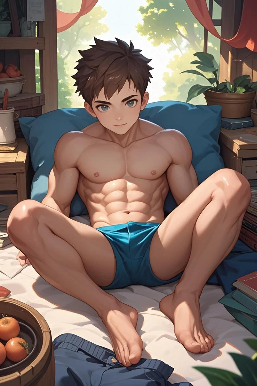 (masterpiece, best quality), 1boy,Lewdness,younge boy,Kid's face,Juvenile faces,sideface,Lying naked in the grass,Covered in sweat,adolable,infancy,Young age,Short round face,Flat chin,Fine face in detail,Colored briefs,musculous, Short bright orange hair, Sky blue eyes,opens his eyes wide, 复杂, full bodyesbian,nakeness,Lewdness,Teal briefs,Pectoralis abdominal muscles,vivd colour,(depth of fields:1.2),(abs),looking at viewert,Lying in the grass,spread their legs,Large pink flowers,Flowers