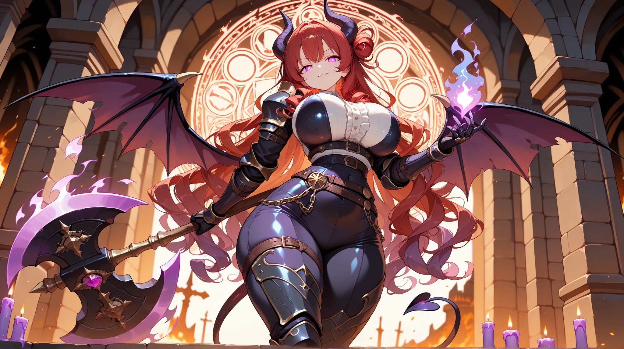 Outrageous resolution、masutepiece++,top-quality++,ultra-defined++, ultra-defined++,4K++,8K++,(Background Focus)++, Highly detailed, Viewer's Perspective、（（Hell））++、((Brown-skinned))++, ((One Cow Demon King in a Battle Stance)), ((((Combat-mad Cow Demon Lord)))++++,（Cattle Beastman）、(((Metal armor and cloak fur)))+++,(((Scars all over the body)))++++,（Fangs peek out of the mouth）、((Ferocious smile))+ +,((Bloody)) ++,((Brown-skinned))++,(Thimble gloves) +,（Sharp eyes）、(Red-haired)、（Hair like a mane）、（short-haired）、(Super shiny hair and skin), (Sunlight),((Beautiful)),(Huge breasts_Body: 1.5),(Huge breasts:1.5), Muscular girl with clearly visible abs and muscles, Sweaty body, cleavage, Dynamism, (Abs cleansing and shaving, Muscle muscle thighs) +, A lively smile, Perfect eyes, Perfect hands, Perfect nose, Magic Battle Dark, Bright atmosphere, (wet effect) +, (light effect), (Cinematic Light) + , (Like a movie of light) +