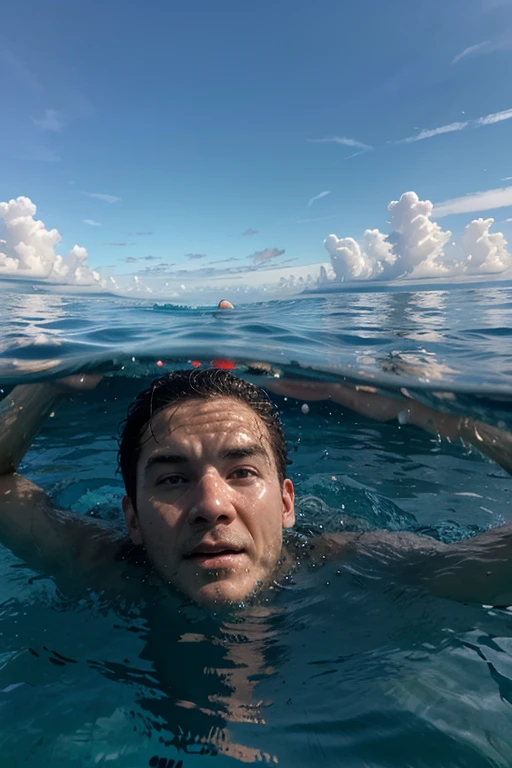 (masterpiece, best quality), nsfw, a  nude man swimming underwater. The man has short, spiky brown hair and large, expressive brown eyes. The underwater environment is brightly lit with sunlight streaming through the water's surface, creating shimmering light patterns. The background features colorful coral, small fish, and bubbles around the man,