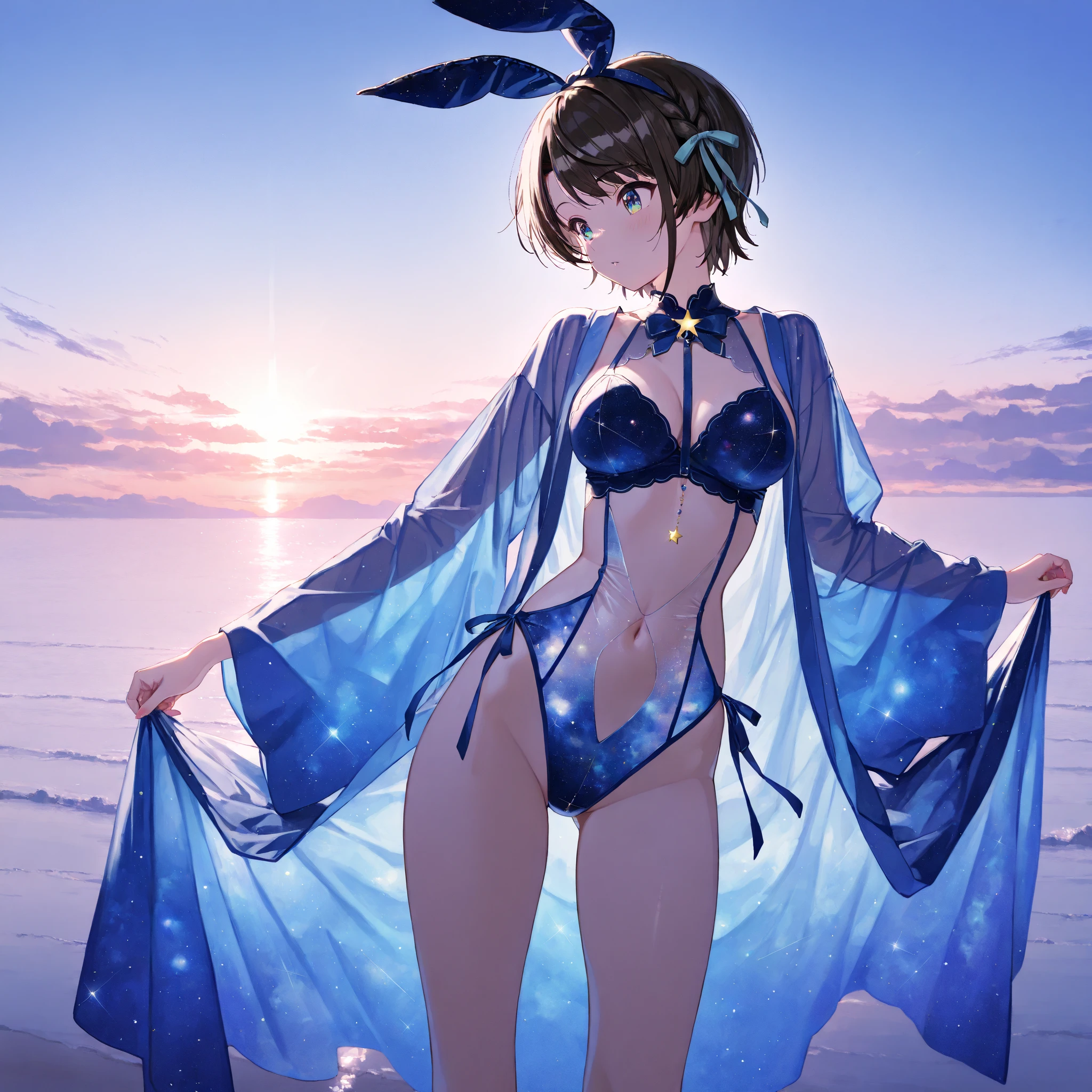 highest quality、very delicate and beautiful、I、I、8-year-old 、Japanese、、Chiquita、Noble、primary school student、black hair、barefoot、(((Stars and Stripes Leotard)))、(High leg)、Tiara on the head、lazy smile、Are standing、facing forward、The background is a snowy hot spring