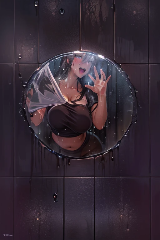absurderes、​masterpiece、top-quality、realisitic、Hyper-detailing、(skin gloss、Sweatiness:1.4)、(One Woman、独奏、Bery short hair、Braided hairstyle、Detailed body、A detailed face)、(Upper body naked、Panties underneath)、(Thigh:0.5)、动态照明、hight resolution、foco nítido、depth of fields、((small tits、very slender body、thin neck、skinny thigh)),((Sit with your knees bent、I am holding a transparent male organ in my hand and sucking it)),(open open mouth、Stick out your tongue、red blush、A wistful look、Staring at the viewer)、(((Half body shot,Angle from above、POV、up of face)))、(inside in room、Background blur),