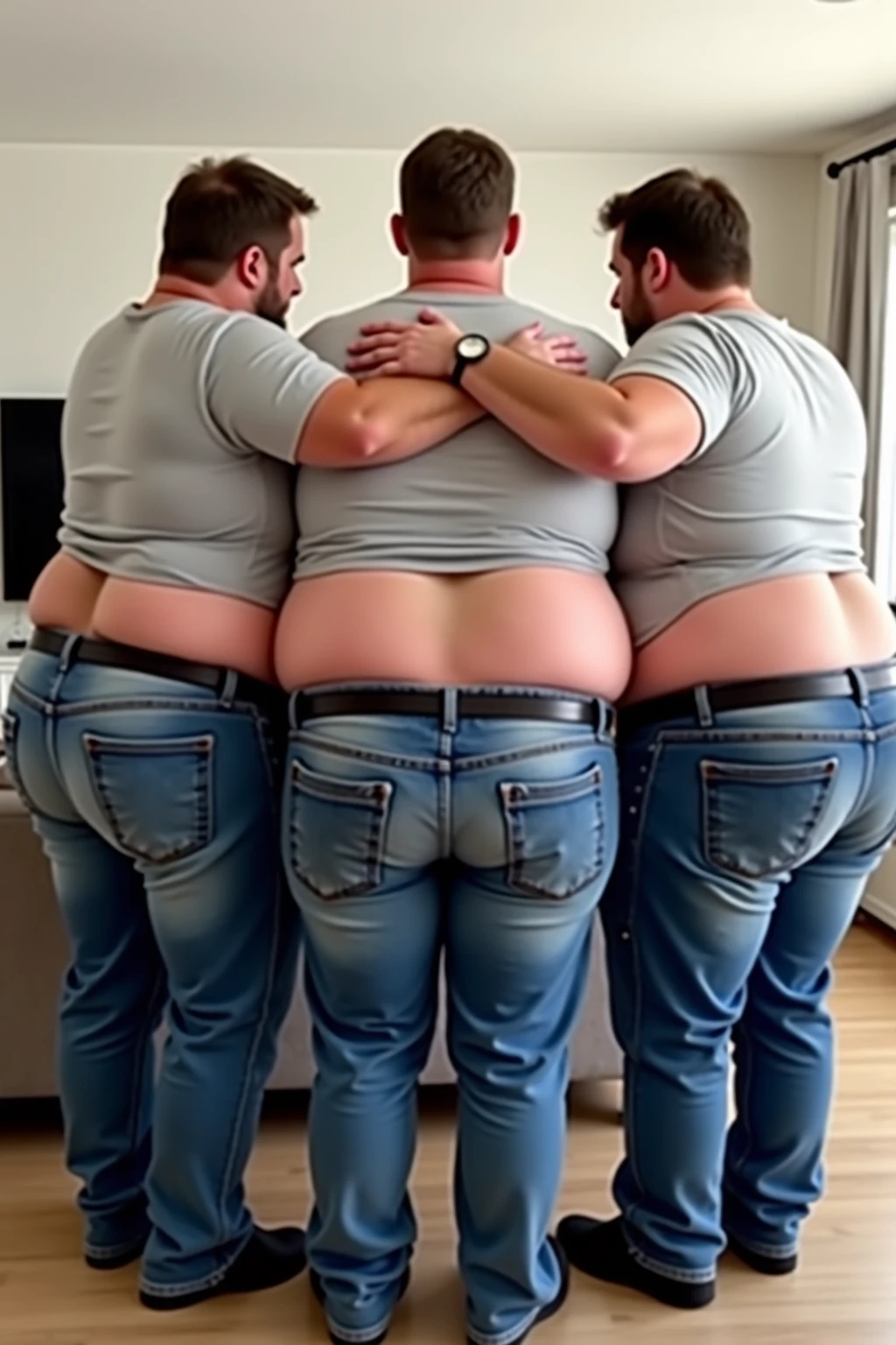 2heads,(1man),fat, chubby, dressed like a carc salesman, big bulge in crotch, pale skin, dark hair with highlights, unathletic, at a car dealership, smiling, full body, realistic, detailed eyes, detailed skin