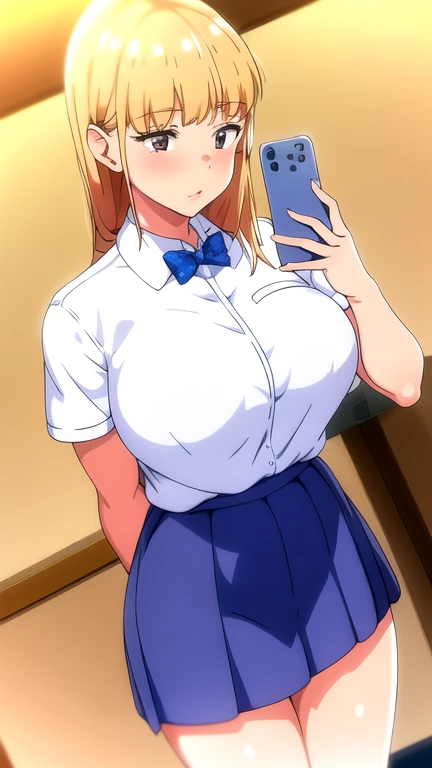Bully student girl approaches me with a perverse face as I am a nerd, wearing short skirt, blonde hair, blue eyes, small firm breasts, long sexy legs, bad girl. very tall girl, bully, anger face, perspective from bellow the girl