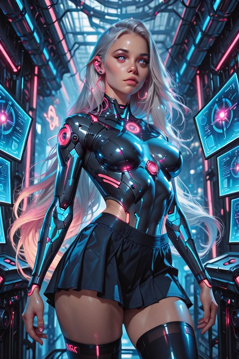young Bo Derek, hologram miniskirt, see-through clothes, holopunk, digital projections, neon vibrancy, transparent interfaces