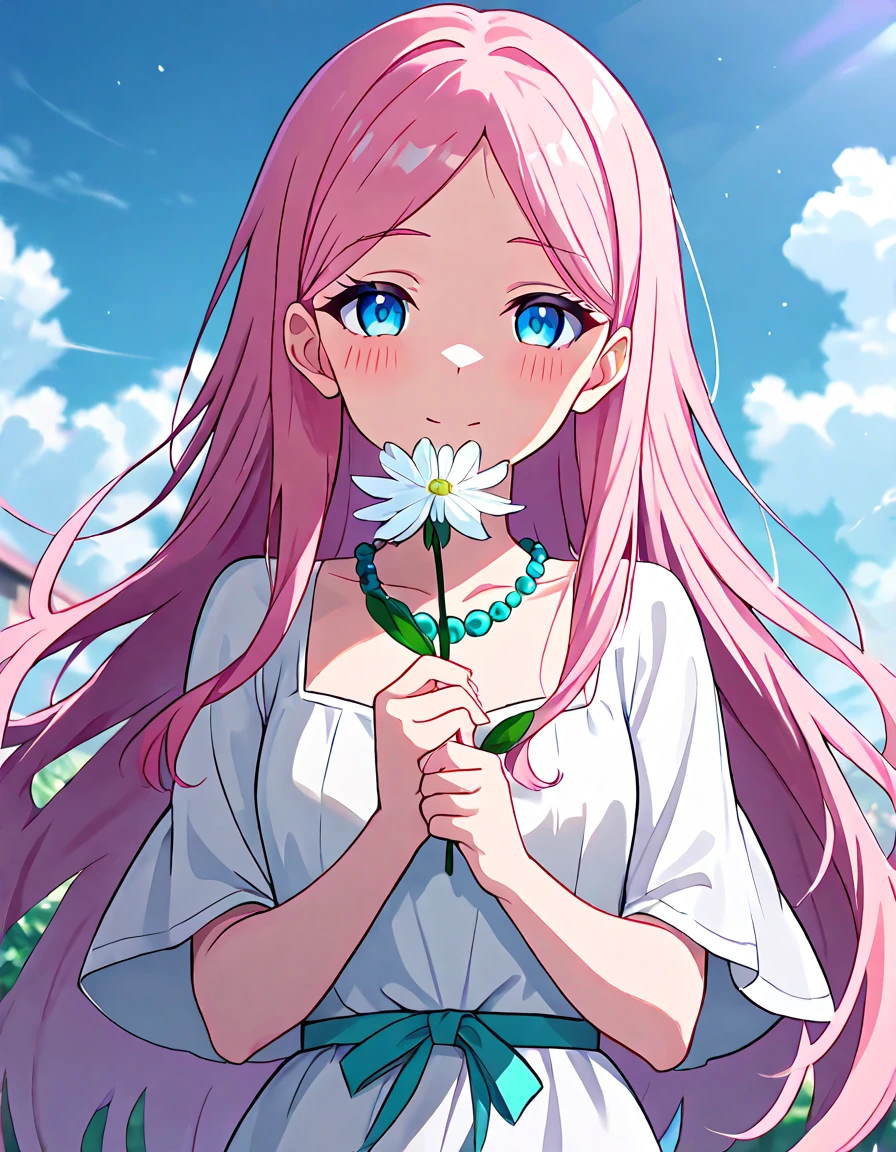 Riruru, Blue Eyes, Light Pink Hair, Long hair, Fair Skin, bright teal necklace. white dress, pov, holding bocket of flower, pov marying her, look at viwers. pfp