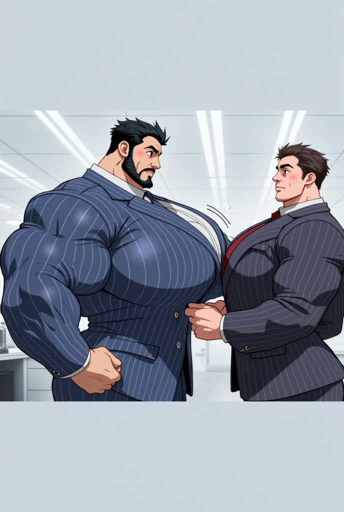 1boy {Black hair, dark brown eyes, polo shirts, tight shirts, open collar polo shirt, pants, fat abs, fat, Tight breasts, fat breasts, collar shirts, fat thighs, fat tits, fat arms, fat legs, fat body, Huge fat, strong, bulge pants, daddy, (Pectoralis major: 1.2)}, 2boy{handsome, young face, thin face, Sharp Facial, Blonde hair, red eyes, beardless, tight shirts, shorts, muscle, necktie,blush, embarrassed, closed mouth, bulge shorts }, 3boy{Black hair, blue eyes, shirts, tight shirts, open shirt, pants, fat abs, fat, Tight breasts, fat breasts, collar shirts, fat thighs, fat tits, fat arms, fat legs, fat body, Huge fat, strong, bulge pants, (Pectoralis major: 1.2, blush}, Best Quality, 8K, OriginalPhoto, realisitic, high resolucion, The ultra detailliert, film lighting, film grain, chromatic aberration, salaryman, in office, Dynamic Angle, Details Finger, big bulge, Huge bulge, blush, embarrassed, closed mouth, chest cleavage, photograph realistic, Masterpiece, male, side part hair, Best Quality,