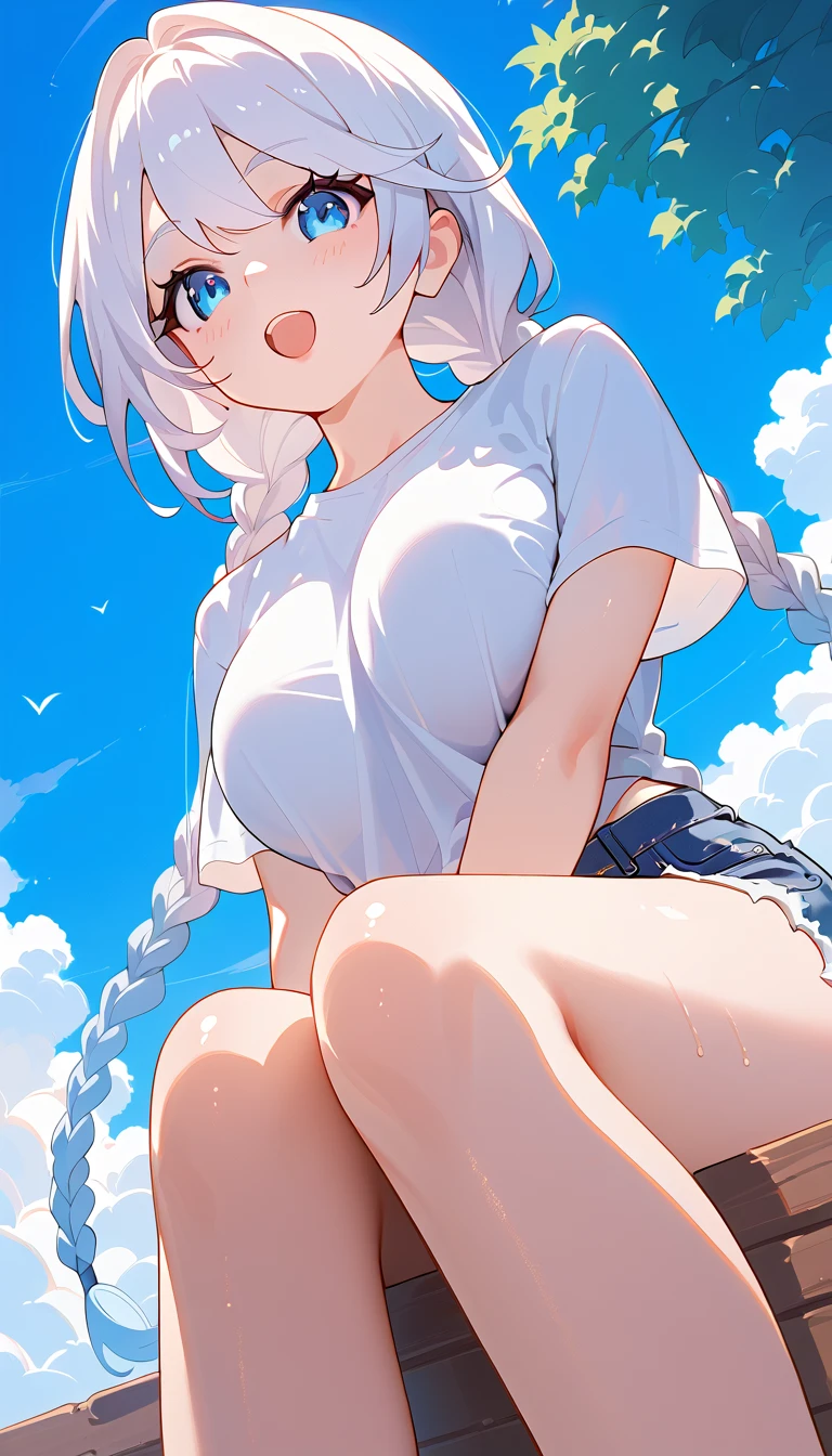 Yamato, barefoot, white crop-top, short shorts, cleavage 