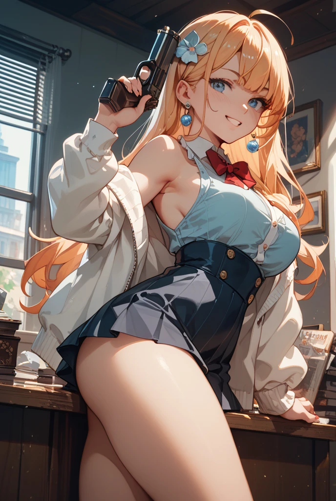 (masterpiece:1.2), (Military uniform magazine cover:1.4),best quality,PIXIV,Sweet girl , sexy posture,1girl, (perky chest:1.2), rolling upskirt by wind:1.6, (with sparkling eyes and a contagious smile),open mouth, (pointed chest:1.2),fishnets, black hair, boots, long hair, black nails, skirt, shirt, black footwear, bag, black skirt, jewelry, jacket, thigh strap, bangs, necktie, earrings, nail polish, multicolored hair, looking at viewer, full body, bottle, own hands together, belt, jacket on shoulders, food, cats on head, ring, choker, english text, collared shirt, blue eyes, hat, lace-up boots ,masterpiece、highest quality、Very detailed、An illustration、Beautiful fine details、One Girl、cute、Detailed landscape、Training Room Background:1.4、Platinum Blonde Hair、Braided Ponytail、Red camisole、((c cup breasts, Tank top showing underboob:1.4))