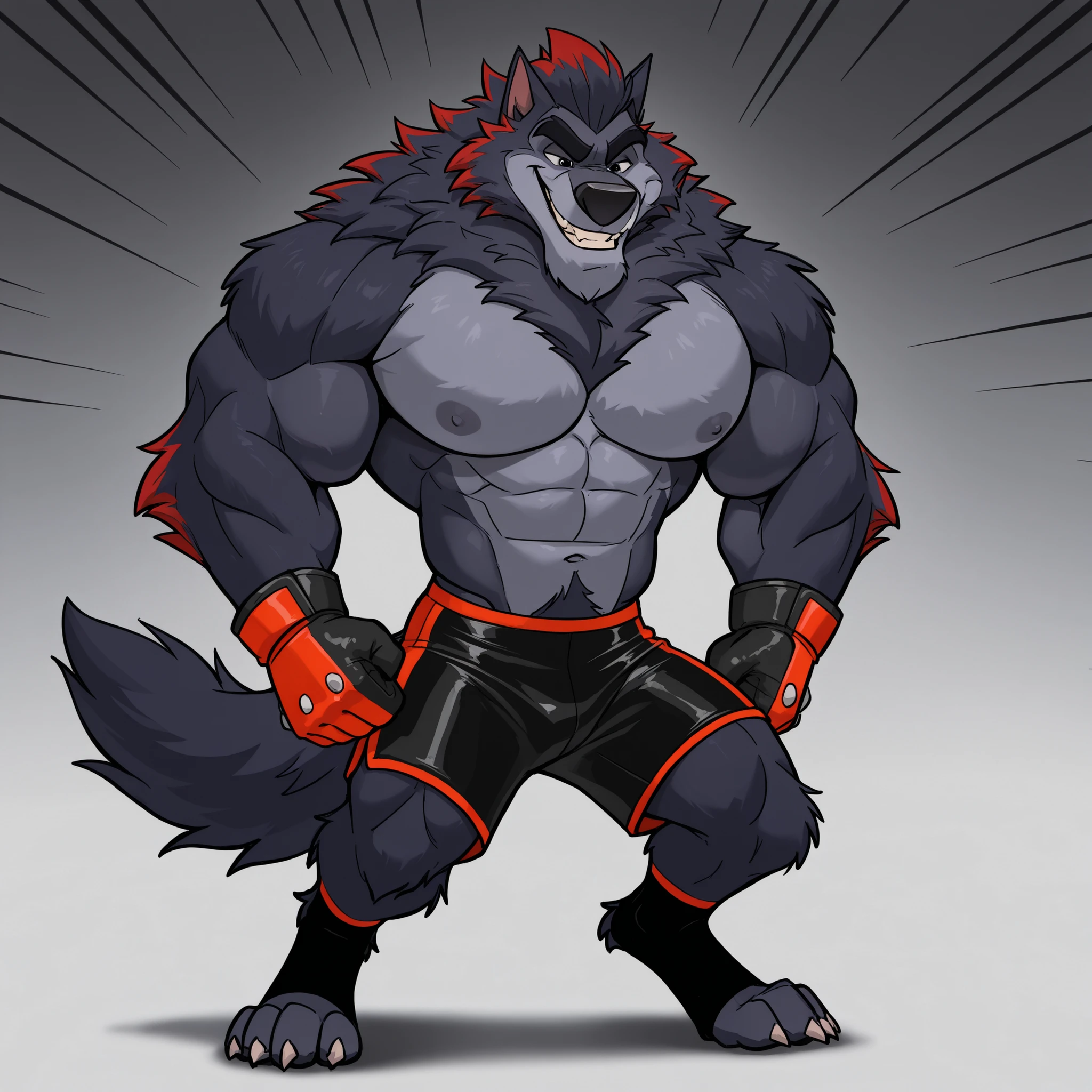 solo, 1boy, massive muscular, Flasheart, werewolf, dark blue fur, red highlights, male, solo, smile, very huge pectoral, shirtless, detailed face, wearing black UFC MMA shorts with velvet lines, UFC MMA gloves with velvet pads, black toeless socks, wide shoulder, thick arms, wide pectoral, muscle, detailed face, detailed eyes with dark blue pupil, short hair:1.2, Disney animation, best quality, amazing quality, detailed, 8k, masterpiece, full body, stances