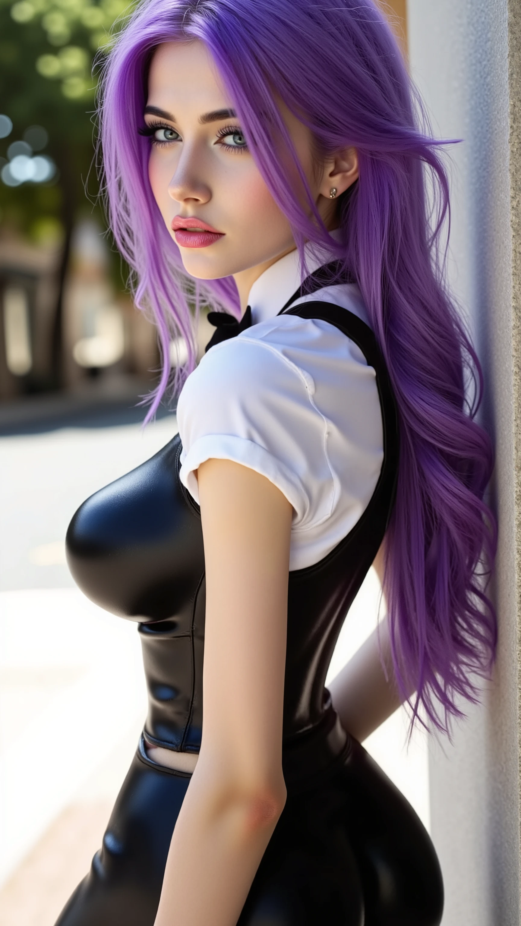 one American girl, realistic green eyes, long light purple lilac hair, large tits, large chest, cleavage, wearing black latex bunny suit, black sheer fishnet tights, outside in the sun and flowers, plump lips, small white bunny tail, hard nipples through shirt, close up+