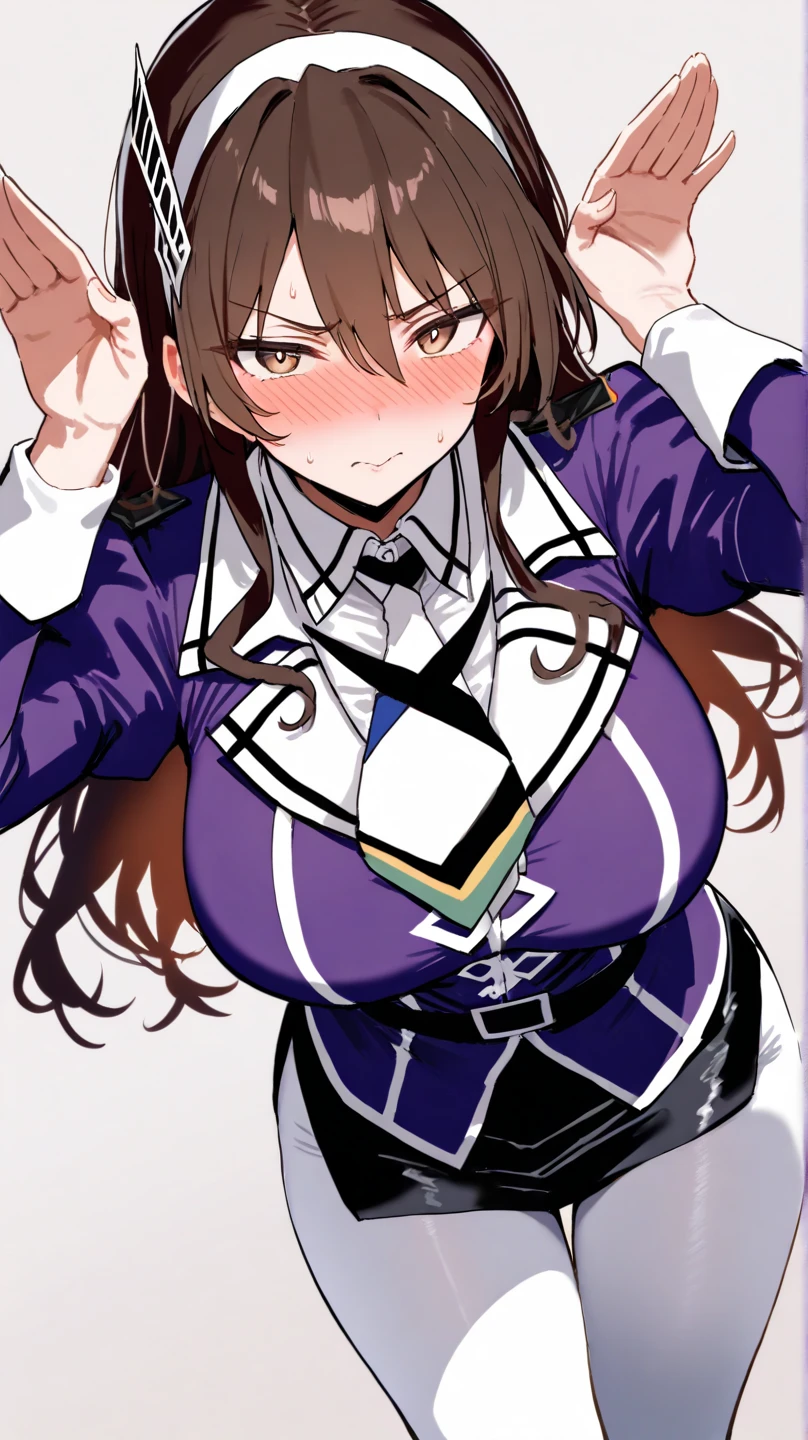 all intricate details, full body, a female anime character with large expressive eyes and black hair in a dark purple outfit, 1girl view, solo, virtual youtuber, ahoge, green eye, heterochromia, brown eye, open mouth, white background, breasts, simple background, braid, brown hair, upper body, hair ornament, looking at viewer, symbol-shaped pupils, star (symbol), blush, (wiz konosuba outfit), Wiz, brown hair, golden eyes, lich robes, purple lich robes, boots, hair over eye.
