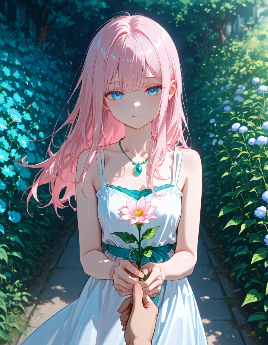 Riruru, Blue Eyes, Light Pink Hair, Long hair, Fair Skin, bright teal necklace. white dress, pov, holding bocket of flower, pov marying her, look at viwers. pfp
