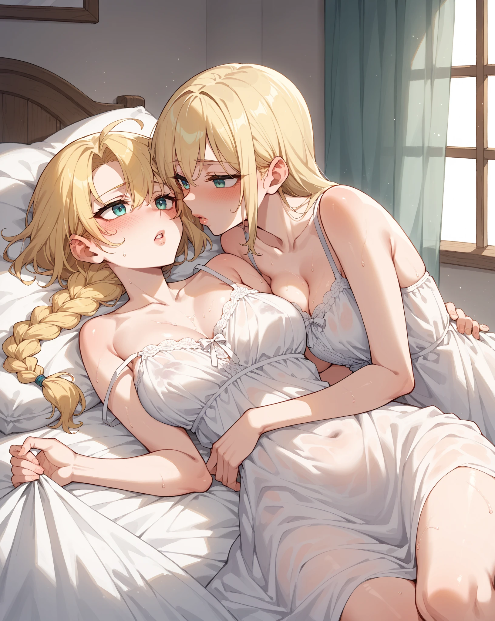 score_9, score_8_up, source_anime, in bed, red dress, 2girls, navel, front view, top view, sleeping, wearing dress, closed eyes, genshin impact, lisa, lumine, lisa and lumine, indoors