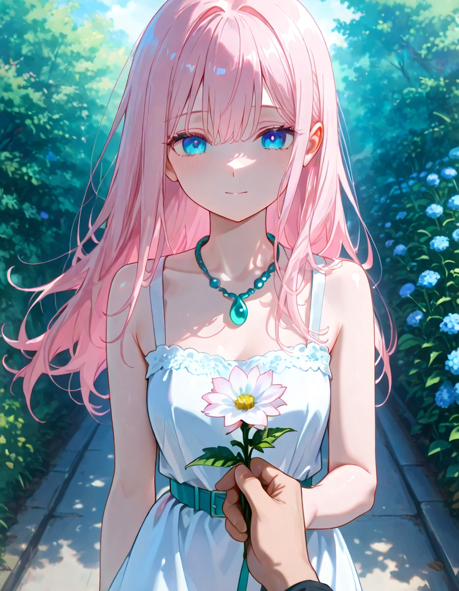 Riruru, Blue Eyes, Light Pink Hair, Long hair, Fair Skin, bright teal necklace. white dress, pov, holding bocket of flower, pov marying her, look at viwers. pfp