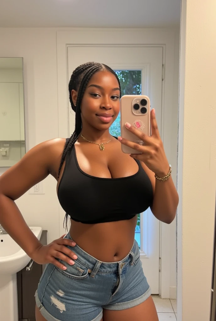 AMenina sexy,bonita,23 anos,corpo belo,sorriso lindo,roupa estilosa,estilo realista,alta qualidade,estilo realista,estilo jogo,fundo de casa chique Menina afro,preta,cabelo cacheado,grande seio, braided hair,fundo de quarto moderno,moderno,gostosa,roupa preta.