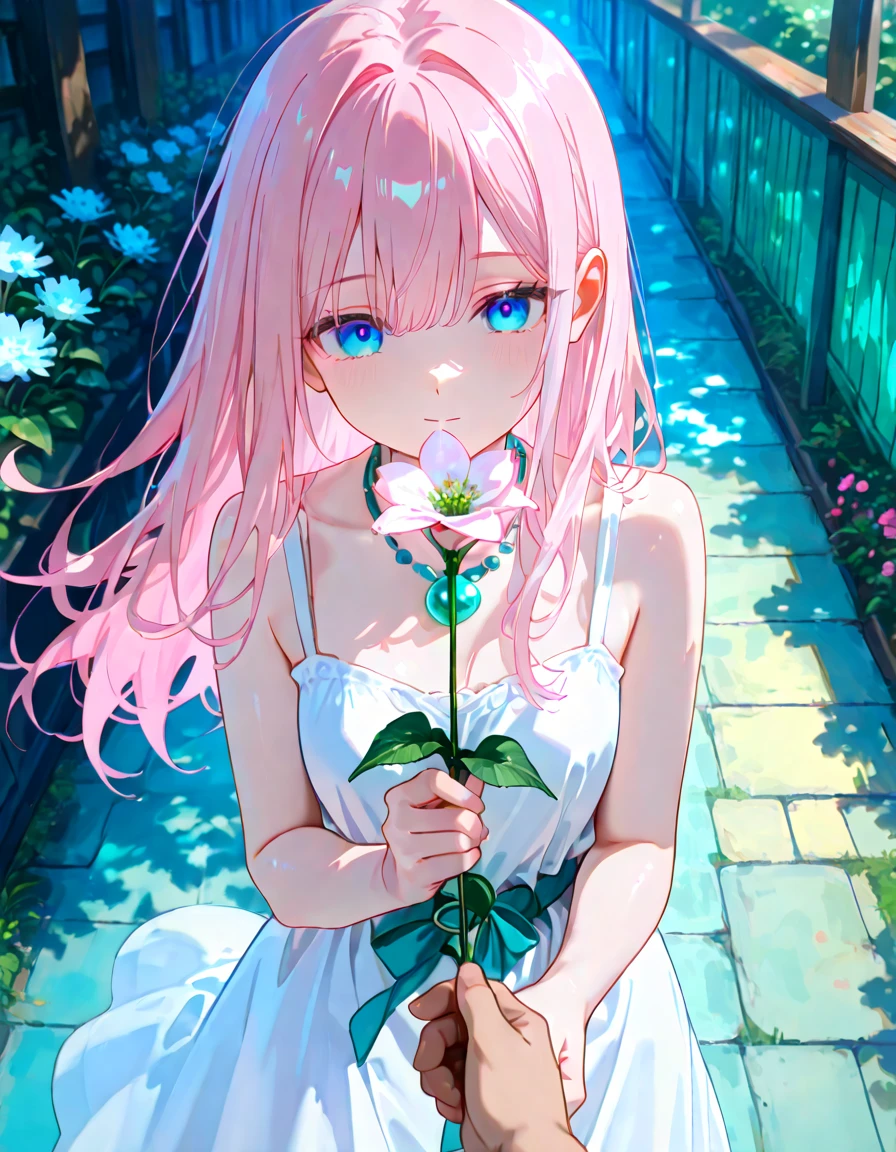 Riruru, Blue Eyes, Light Pink Hair, Long hair, Fair Skin, bright teal necklace. white dress, pov, holding bocket of flower, pov marying her, look at viwers. pfp, perspective