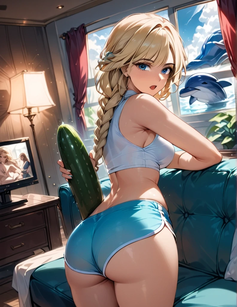 Three girls showing off their huge asses, Blonde blue eyes, each eating a huge cucumber with white sauce, naked posing for a photo on a black bed filled with white sauce in anime style
