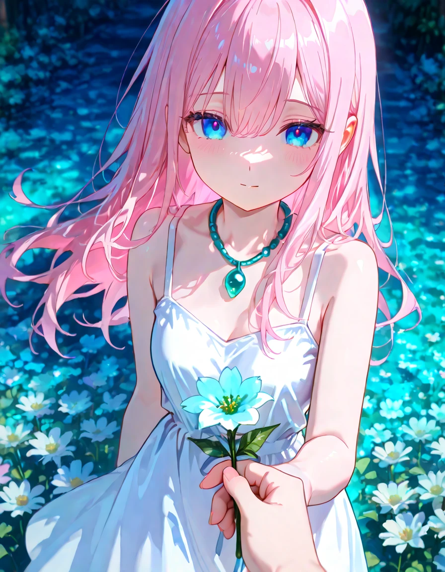 Riruru, Blue Eyes, Light Pink Hair, Long hair, Fair Skin, bright teal necklace. white dress, pov, giving her a of flower, pov purposing her, look at viwers. pfp, perspective