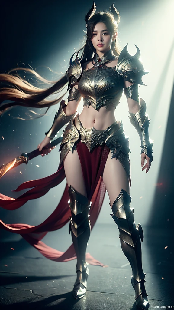 beautiful lady, subtle makeup, photorealistic, high contrast, 8k HD, detailed, hyper-detailed, realistic skin texture, perfect anatomy, perfect female body,
long hair, various hair styles, various hair color, big breast, perfect nose, blue eyes, glowing eyes,
best quality, ultra high res, raw photo, diffuse glow, full body angelic armor, cape, holding sword,
stylish pose, medieval theme