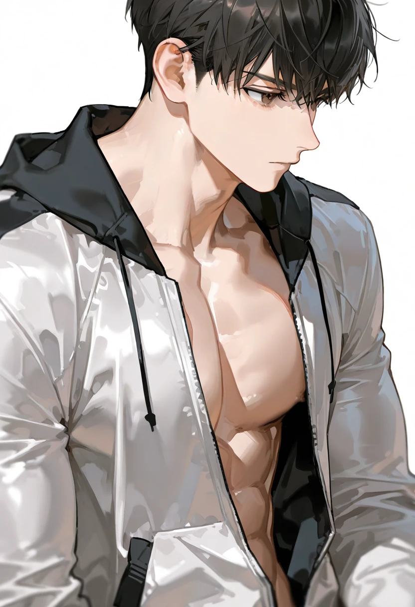 Monochrome、White background、A grey-haired man in a black jumpsuit is sitting and looking at the camera、belly button、