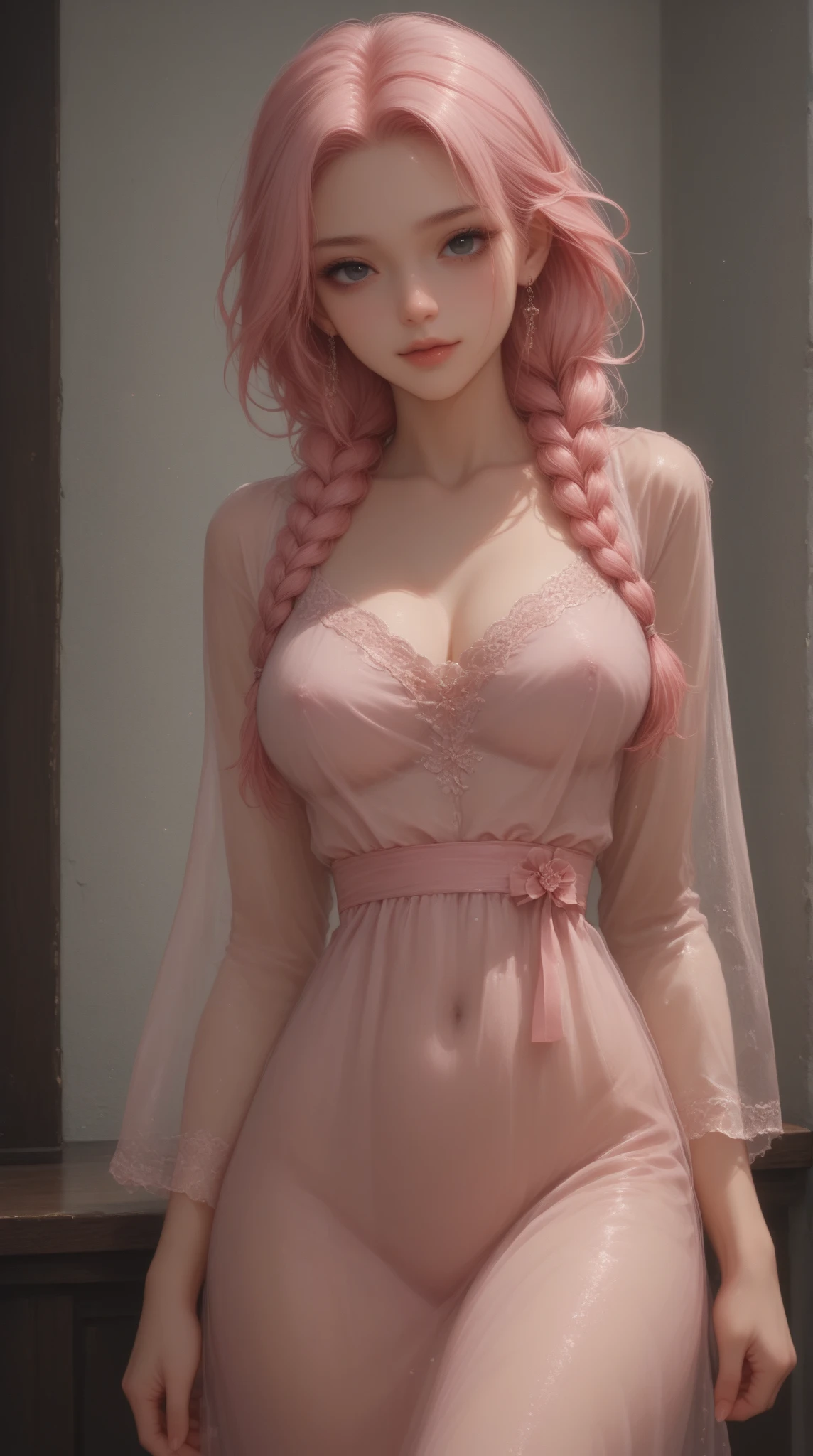 Imogen Poots Hinata ultra realistic version, wearing only a translucent white blouse made of pule fabric, lace leggings to her knees, big breasts, shoulder-length pink hair, standing, light green eyes, white skin, sad look, room with bed and likes, Sony R7 camera f1.6 lens, extremely detailed, fine details, rich colors, human skin texture, realistic hyper realistic, dramatic lighting, cinestill 800 tungsten, looking at viewer, photo realistic, TanvirTamim, high quality, high resolution, sharp focus, extremely detailed, cinematic lighting, 8k uhd