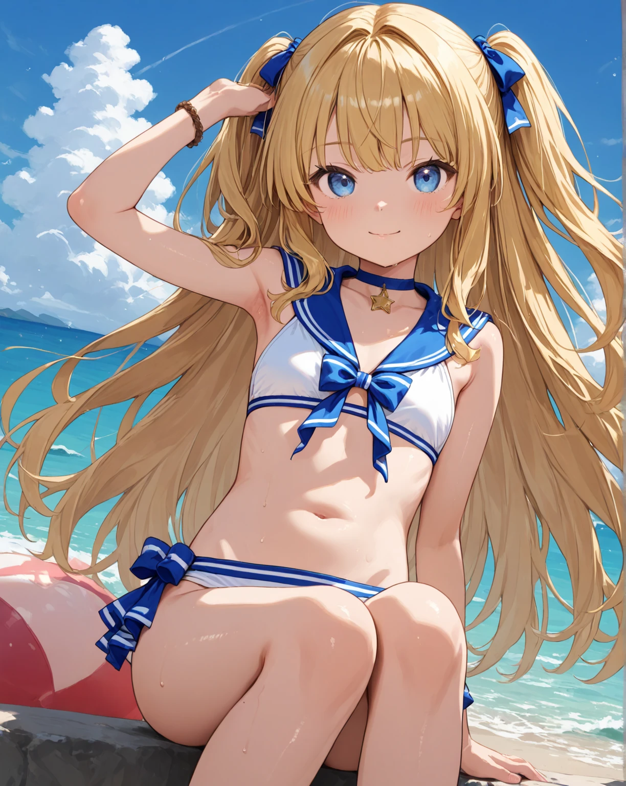 School, Blond hair, Blue eyes, Bikini, White bikini with blue stripes , 1 Person,
