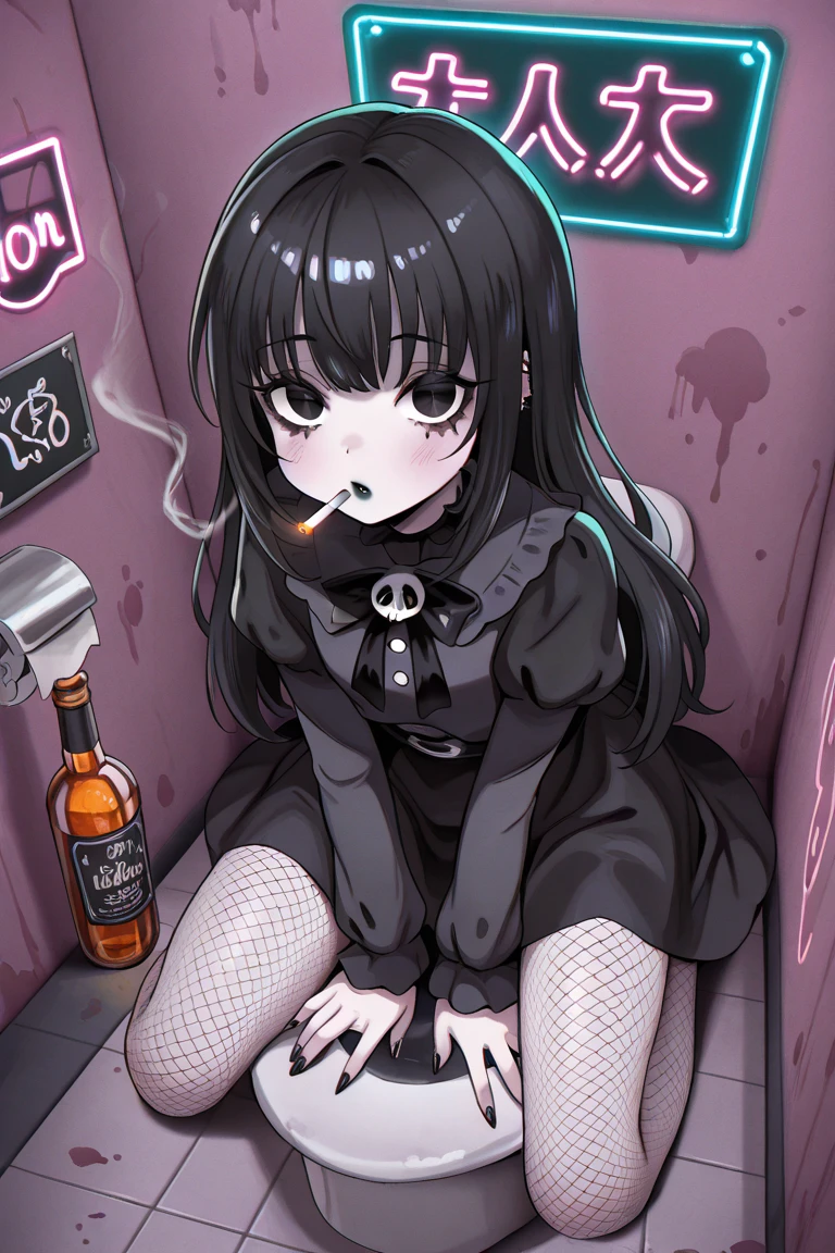 In the heart of the bustling boulevard, a full-grown android with realistic features, clad in a black jacket, wide-brimmed hat, and matching shorts and boots, takes a seat at the table of a dimly lit street bar. Her tanned, smooth skin is completely covered in intricate tattoos, glowing with the sheen of hyperrealism under the neon lights. Her bright, expressive eyes flash with an otherworldly allure as she raises a cold bottle of beer to her lips, leaving a condensation trail on the glass. The crowd around her cannot help but gaze at her in awe, their eyes drawn to the spectacle of this cyberpunk vision.