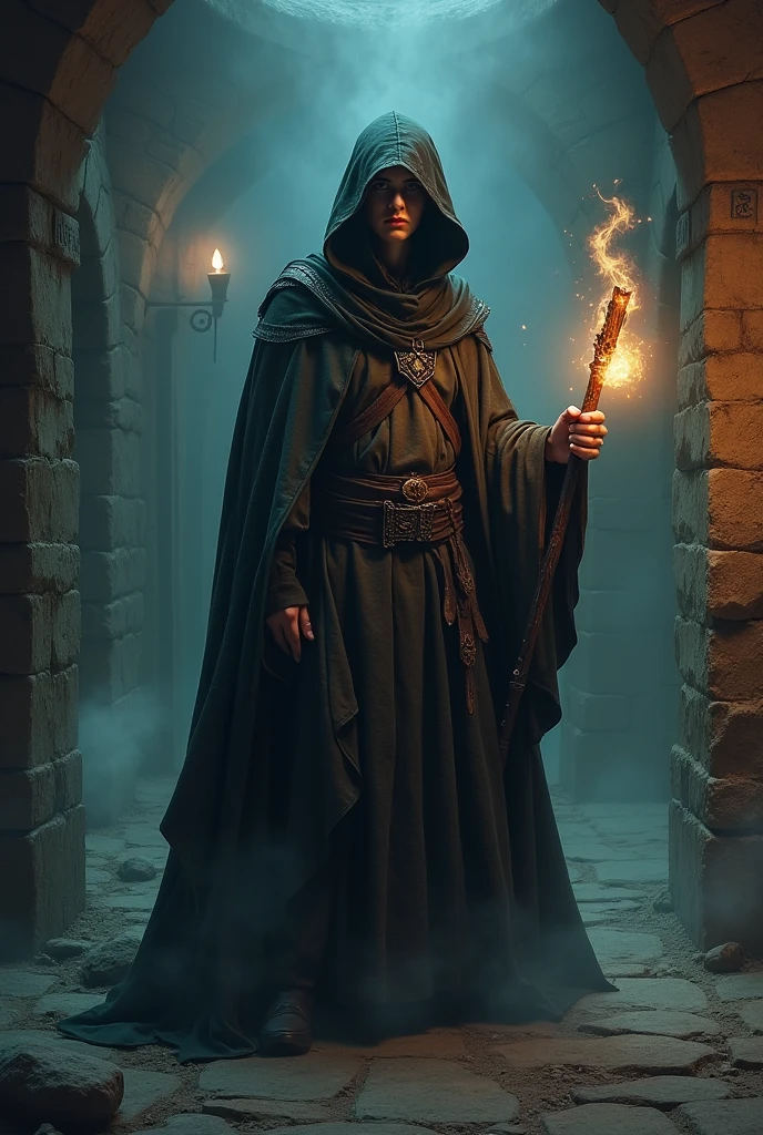 Midieval Wizard Young wizard with a covered face, Magic Wand, medieval, masmorras ...