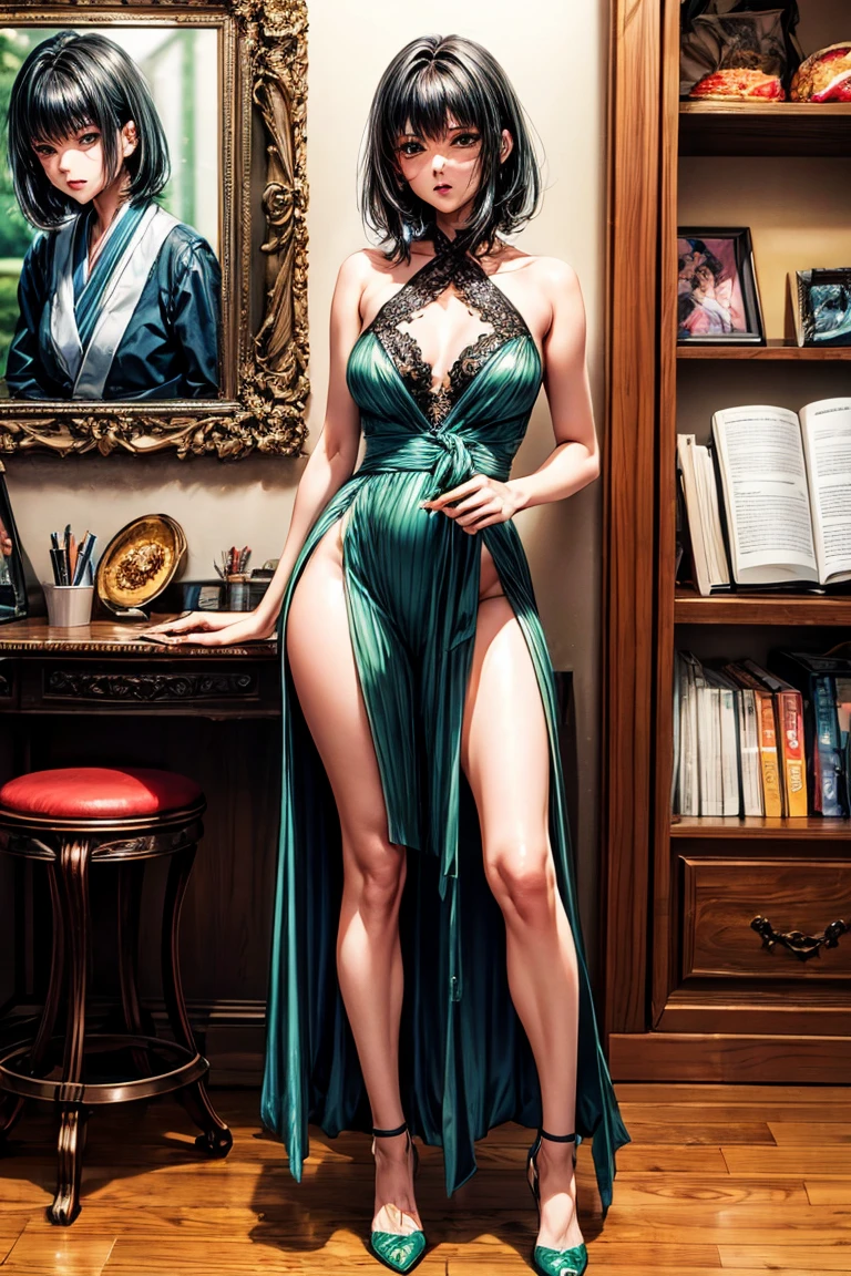 A woman secretary in the translucent night gown, half naked,nipple on,wearing a corset with an open chest,wear glass , wear blazer,wearing satin hijab, full body,mermaid tight long gown, flowy dramatic long gown,very long flor length gown, tall women, in office room, hold a book,
sexy face, sexy pose, wear high heels, masterpice, hyper realistic