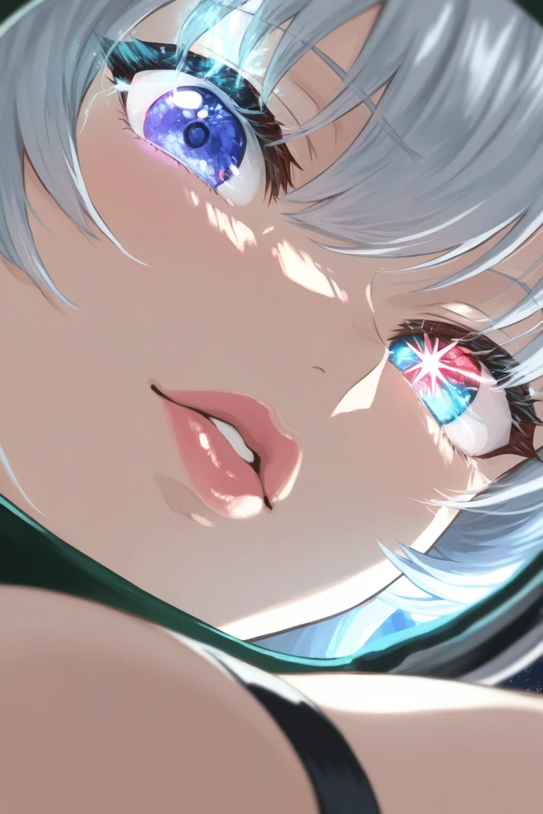 (masterpiece, best quality:1.4), One girl, junior high school student, (full shot), (top quality eyes) ,(droopy eyes:1.4),rainbow colored iris, twin tails, (silver hair:1.3), (forehead:1.3), orgasm face, Medium chest, camisole , flip flops, Strong sunlight, Particles of light, lakeside