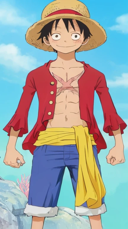 A highly detailed illustration of monkey d luffy, wearing a straw hat, scar under left eye, smiling, teeth, open mouth, cowboy shot, looking at viewer,black pants, red open shirt, luxury banquet hall in background, scar on chest