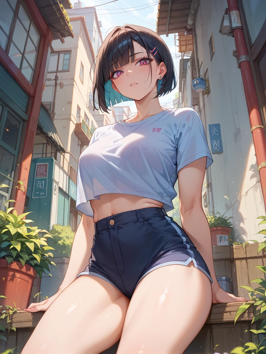 (tanned skin japanese girl),thick thighs,short skirt